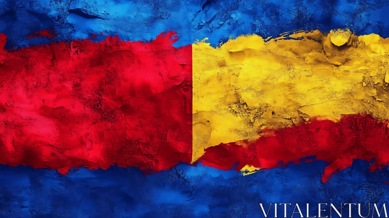 Horizontal tricolor bands form textured abstract composition