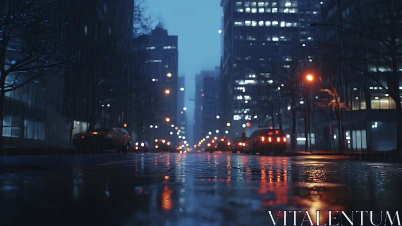 Rain-soaked avenue hums softly under patient city headlights
