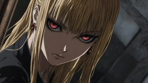 Intense red-eyed anime portrait uses sharp linework and harsh lighting