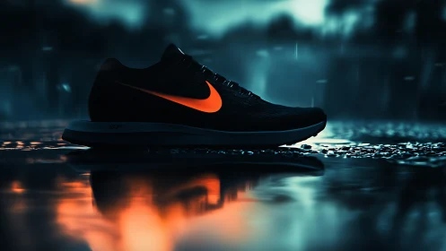 Low-key running shoe silhouette with neon logo and wet specular reflections