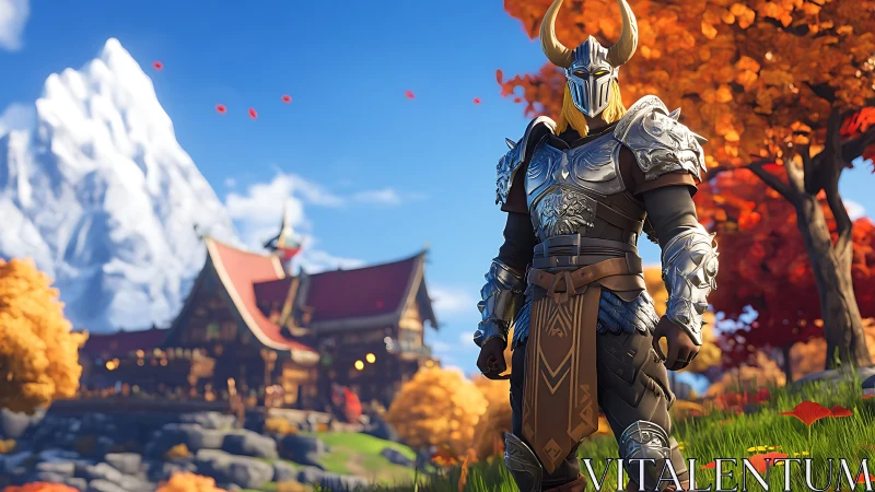 Armored fantasy warrior in autumnal Nordic landscape.