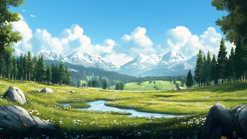 Mountain valley meadow with stream under clear sky.