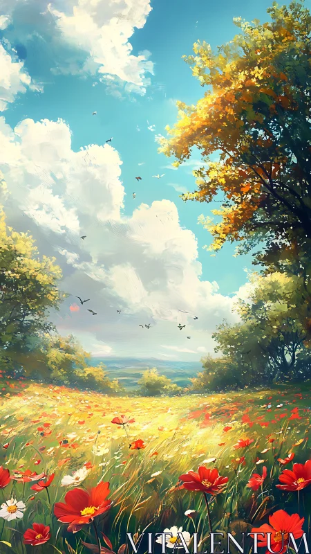 Sunlit wildflower meadow under drifting summer clouds.