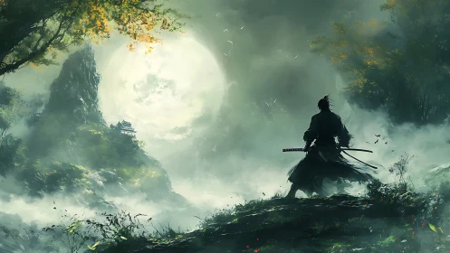 Lone samurai faces misty mountain temple under full moon.