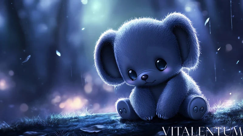 Blue plush creature sits alone on glowing forest floor