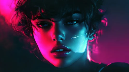 Neon lit portrait of young woman in vivid cyberpunk glow.