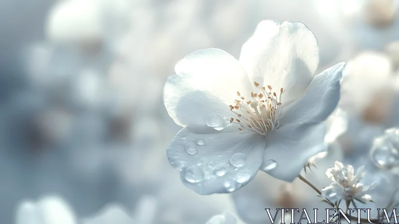 White Flower with Dew Drops in Soft Focus: Delicate Botanical Study.