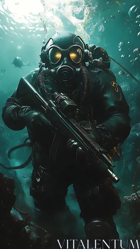 Armored tactical diver advancing through deep water.