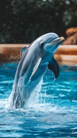 Bottlenose dolphin arcs through turquoise pool spray.