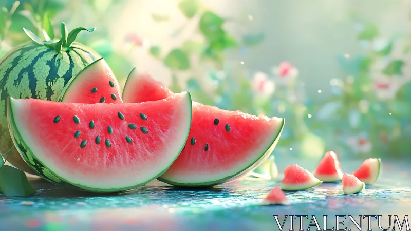 Digital painting still life of summer watermelon wedges on table.
