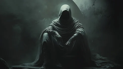 Hooded robed figure seated in dark atmospheric interior.