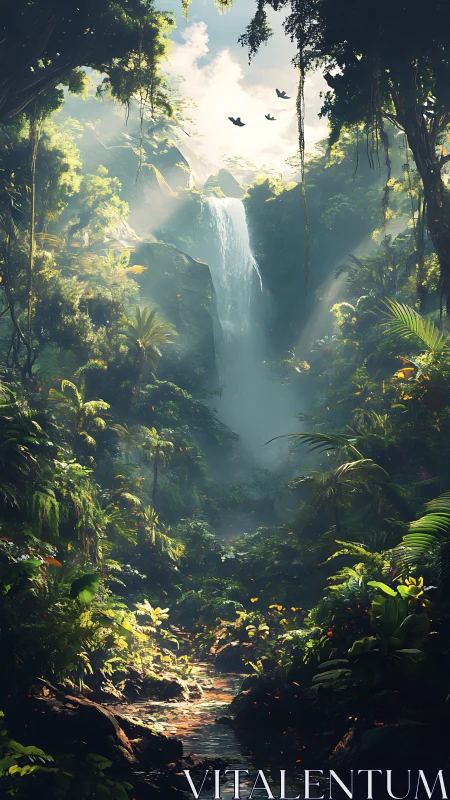 Sunlit jungle waterfall invites quiet wonder and exploration