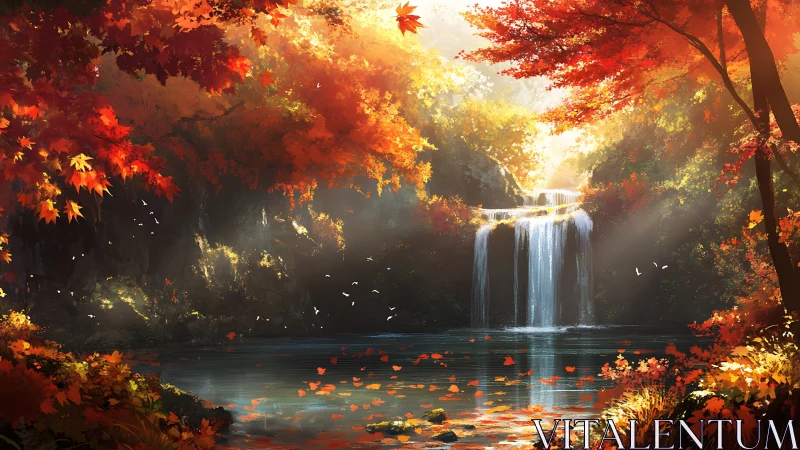 Autumn Waterfall Forest Landscape with Cascading Water and Golden Foliage
