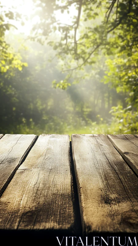 Sunlit wooden table facing soft focus forest background.