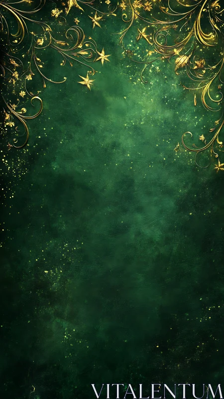 Emerald green background glows with ornate golden flourishes