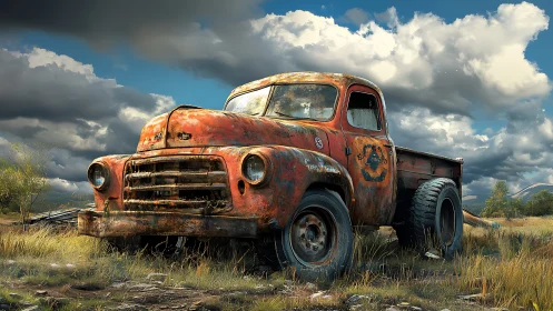 Rusting farm truck stands weathered beneath brooding skies.