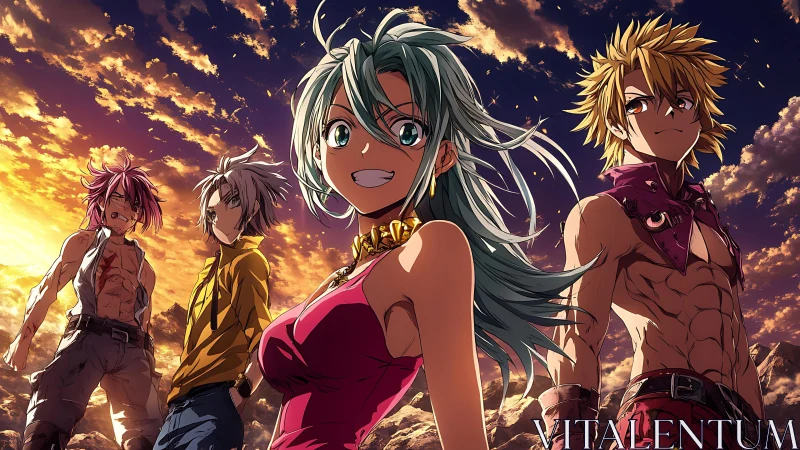 Four anime heroes stand defiant beneath a blazing sunset sky