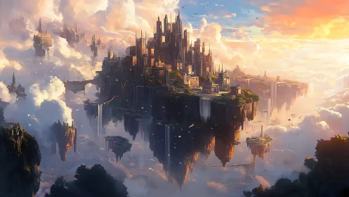 Vertical floating citadel on stratified sky islands at sunrise