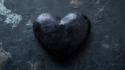 Black heart form pressed on weathered dark stone surface.