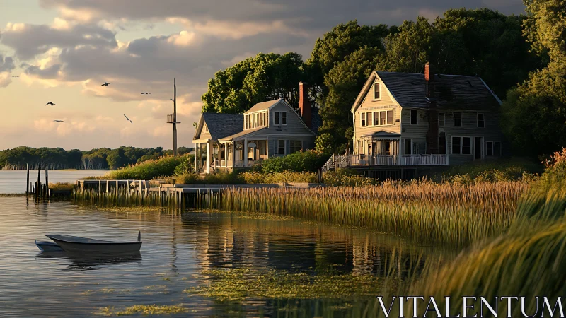 Golden hour light warms quiet lakeside houses and boat