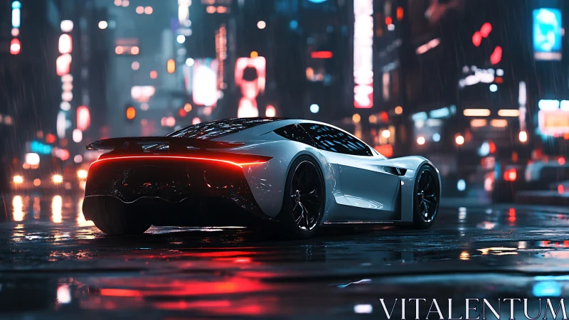 Futuristic white hypercar in neon soaked midnight cityscape.