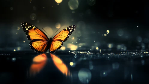 Monarch butterfly rests on reflective wet surface in low light