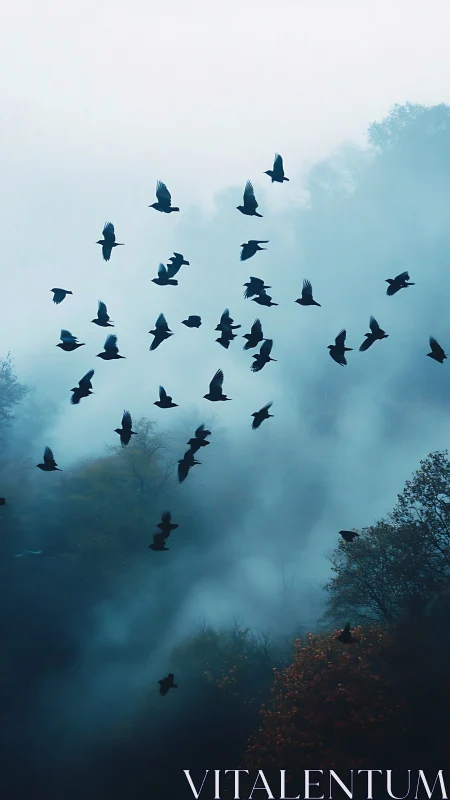 Murmur of midnight crows drifting through emerald fog.