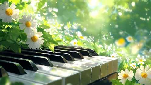 Sunlit piano keys with blooming white daisies in foliage.