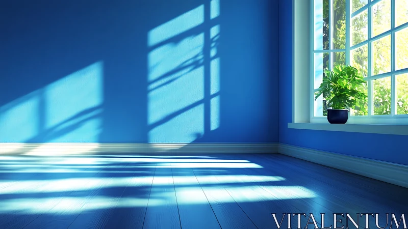 Sunlit blue room where wandering window shadows quietly drift.
