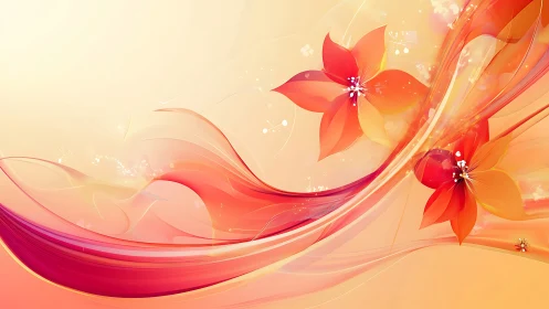Abstract floral waves merge crimson blooms with flowing ribbons.