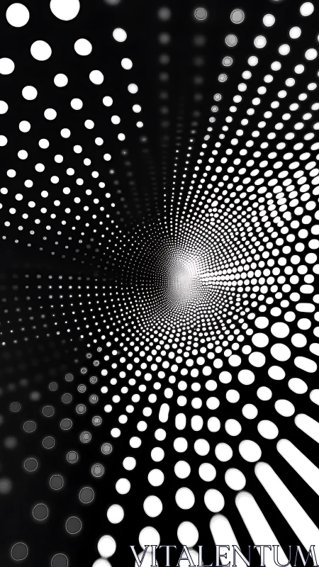 Monochrome radial dot tunnel with central light focus.