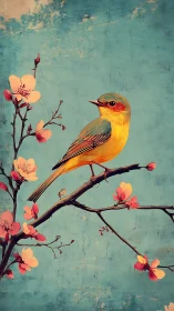 Songbird perched on cherry blossoms over textured teal sky.
