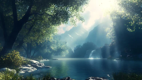 Sunlit forest lake with distant waterfall and mountains.