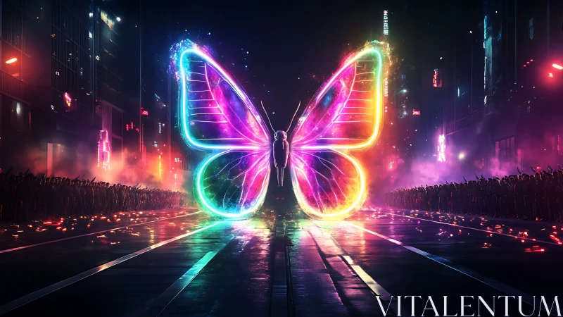 Neon butterfly guardian lighting a futuristic city night.