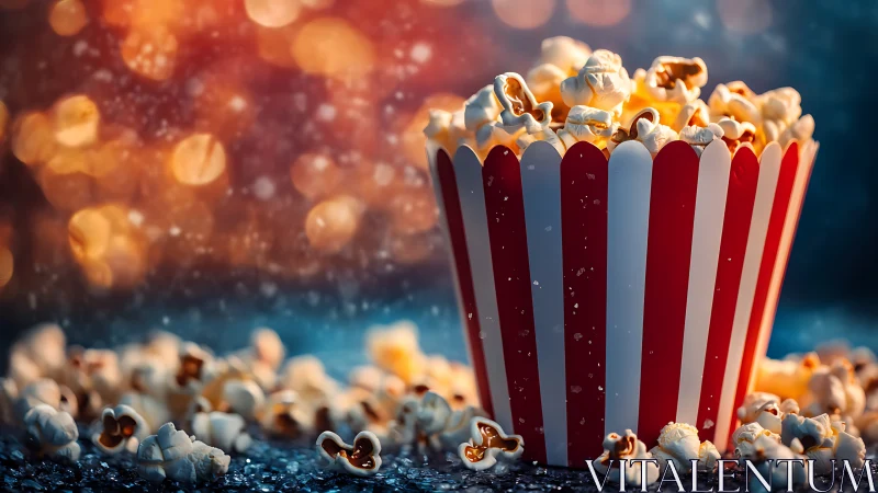Cinematic popcorn in striped tub under warm bokeh lighting