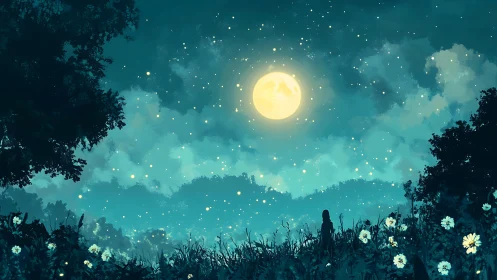 Moonlit meadow silhouette under teal nocturne sky.