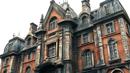 Weathered neo-baroque mansion façade under diffuse daylight