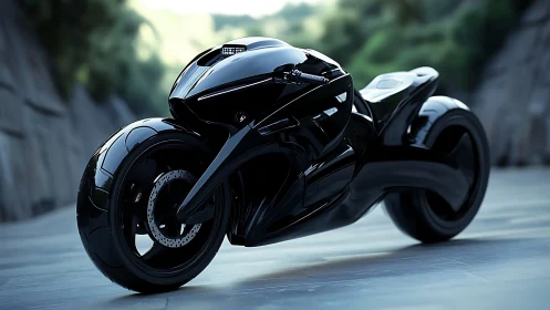 Photorealistic stealth motorcycle with streamlined monocoque form.