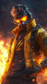 Cyberpunk fire operative in tactical mask and neon jacket.