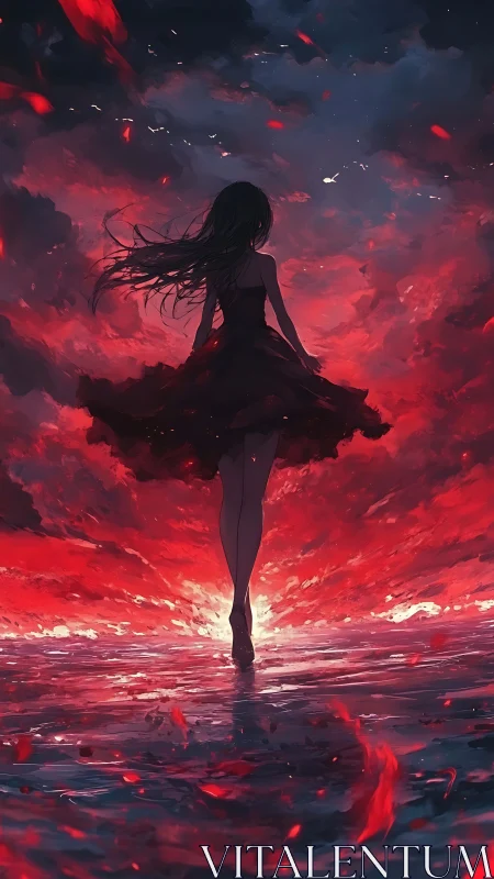 Silhouetted girl strides over crimson sea under storm clouds