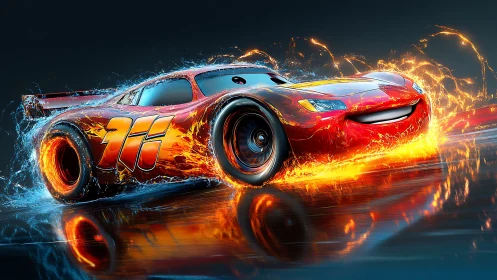 Flaming stylized race car rendered in high-gloss 3D motion dynamics