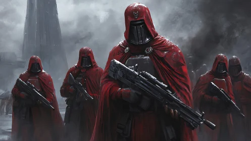 Crimson guardians march through war fog on a steel world.