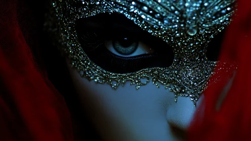 Ornate jeweled masquerade mask frames a single intense eye