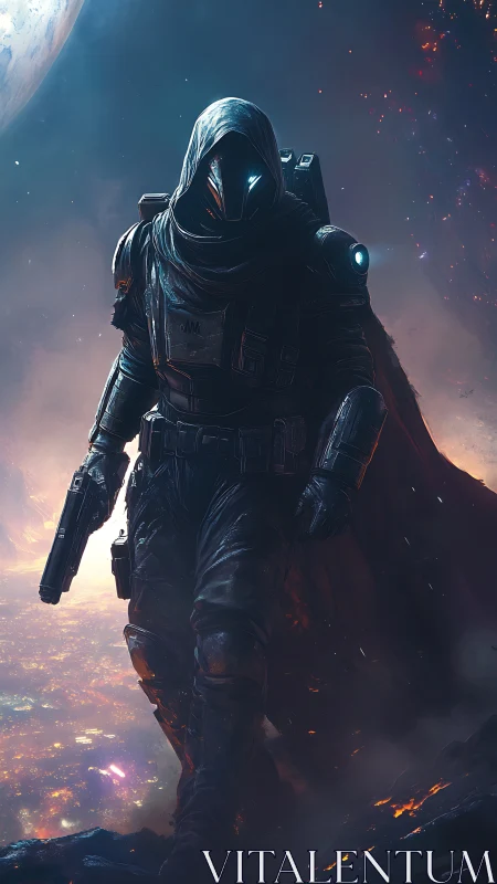 Mysterious space wanderer glowing against a burning skyline.