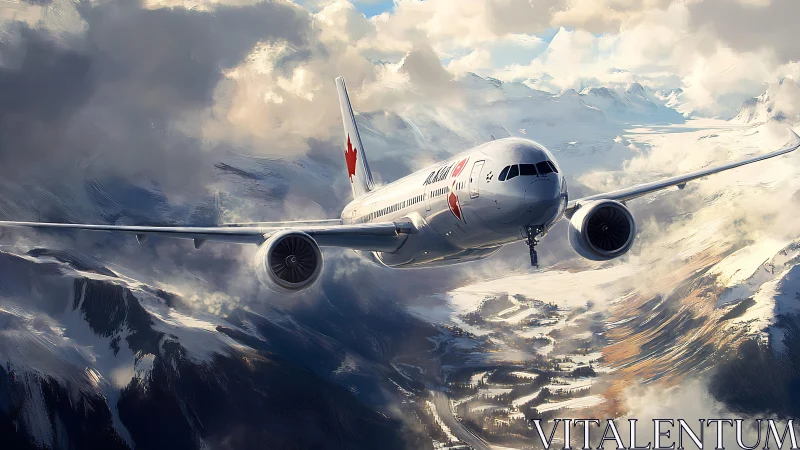 Airliner cutting through storm-lit alpine cloudscape painting.