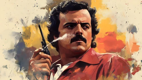 Brooding mustachioed rebel in bold painted colors.