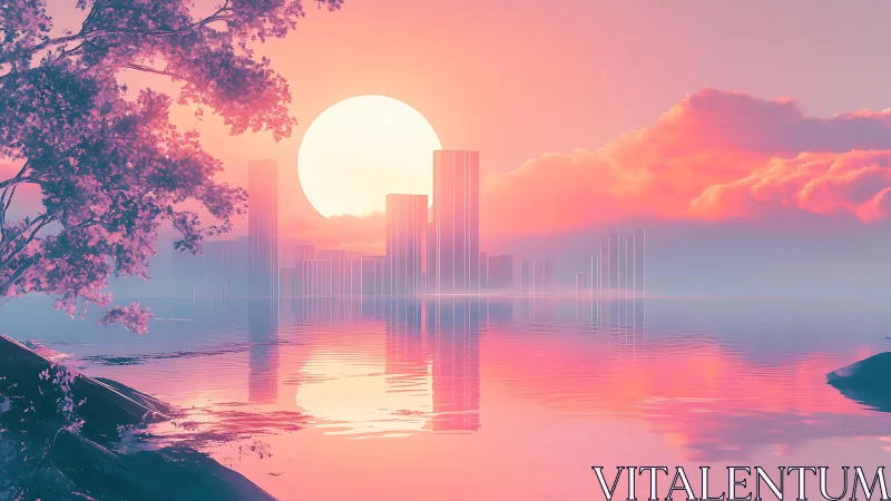 Cotton candy sunrise city bathing in neon-tinted stillness.