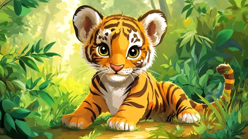 Curious tiger cub resting in lush, sunlit jungle clearing.