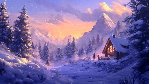 High-latitude alpine cabin under emissive winter twilight.