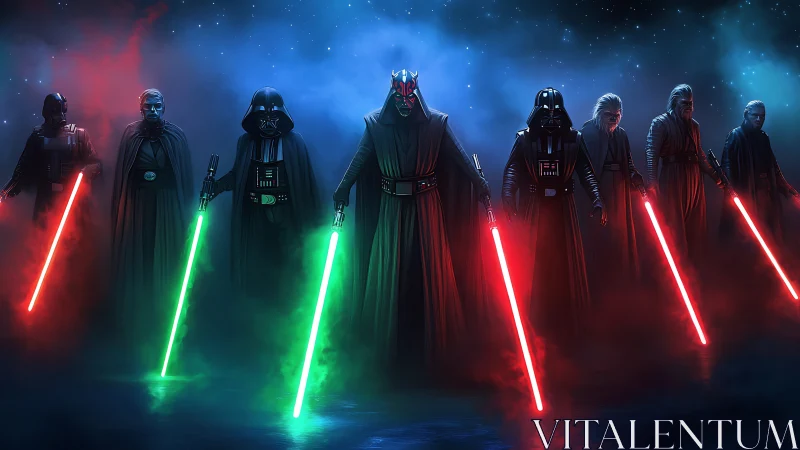 Dark warriors with glowing sabers in spectral mist line.